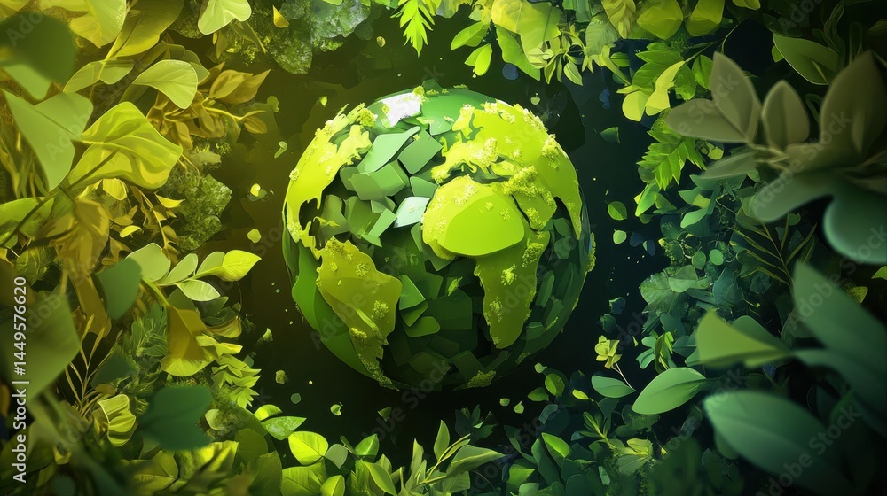 a stylized green planet surrounded by vibrant foliage, symbolizing eco-friendly and sustainable living
