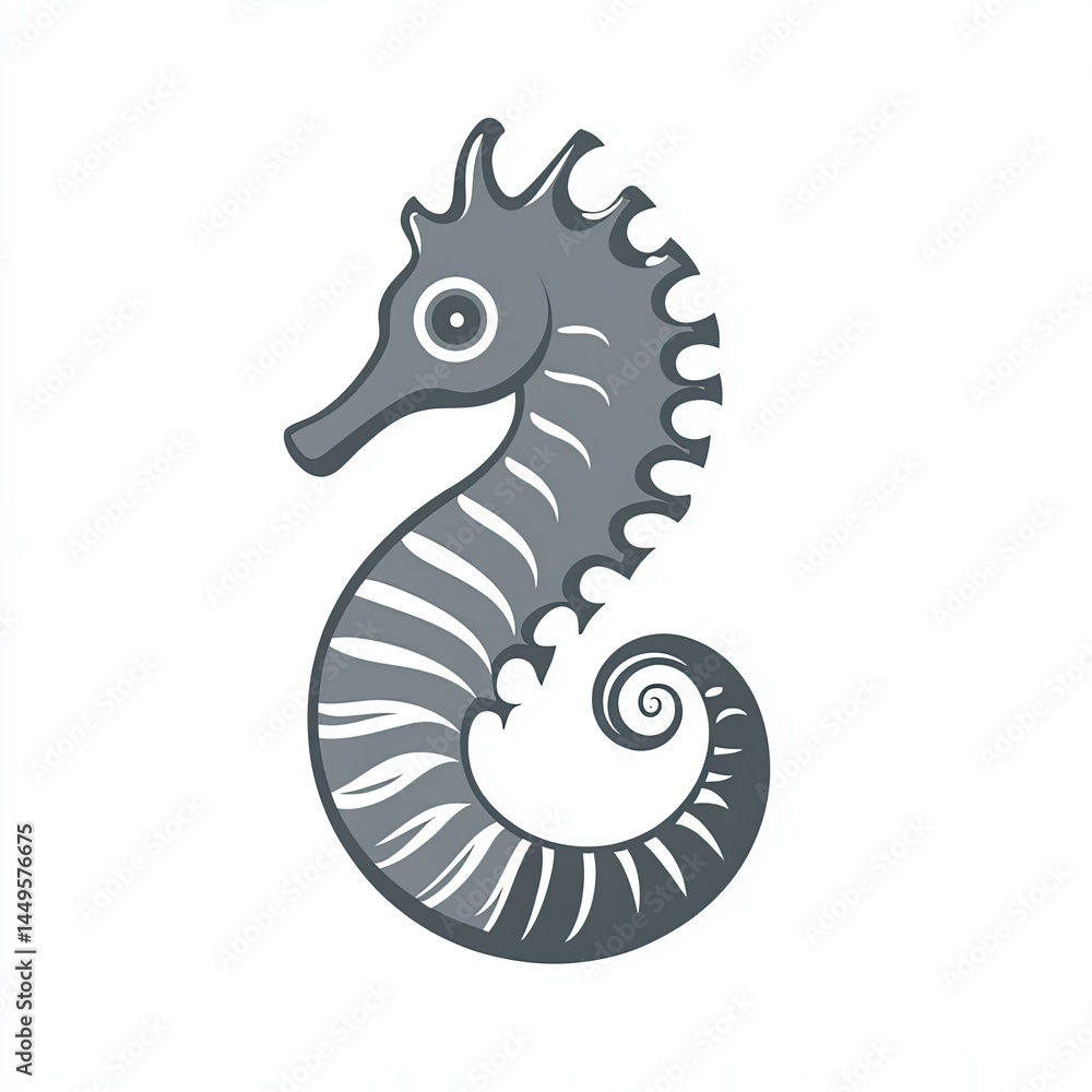 Fototapeta premium Seahorse vector icon, simple line art, gray color on a white background, one thin stroke for the seahorse's body and curled tail, no details in the front view.