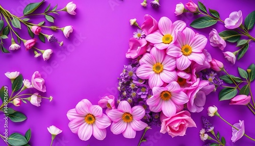 Pink and purple floral arrangement on purple background, overhead view, petals, summer