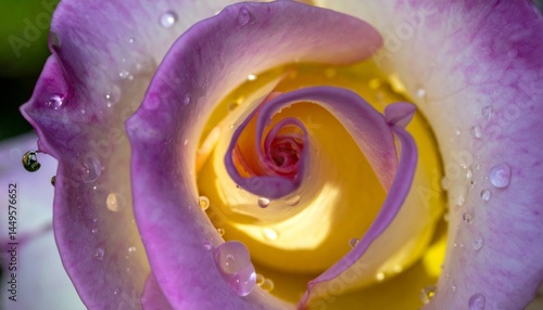 Close up of a Purple and Yellow Rose with Water Droplets Macro Shot