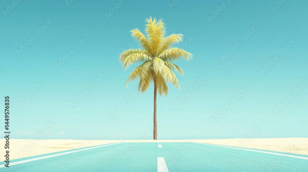 summer scene with a single palm tree perfectly centered at the end of an empty turquoise road