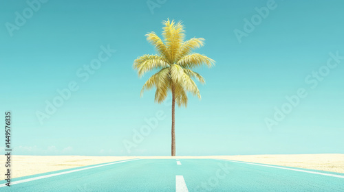 Obraz na płótnie summer scene with a single palm tree perfectly centered at the end of an empty turquoise road w salonie