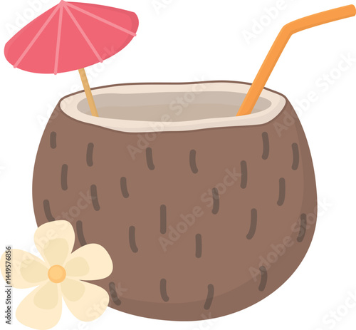 Tropical cocktail in coconut isolated on a white background. Illustration of summer drink decorated with umbrella, straw and flower