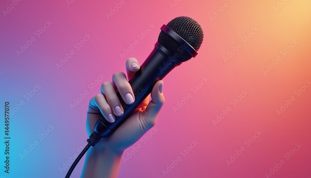 Hand holding black microphone on vibrant gradient background. Illustration for music, karaoke, public speaking, podcasting concept. Modern design suitable for posters, flyers, social media,