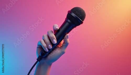 Obraz na płótnie Hand holding black microphone on vibrant gradient background. Illustration for music, karaoke, public speaking, podcasting concept. Modern design suitable for posters, flyers, social media, w salonie