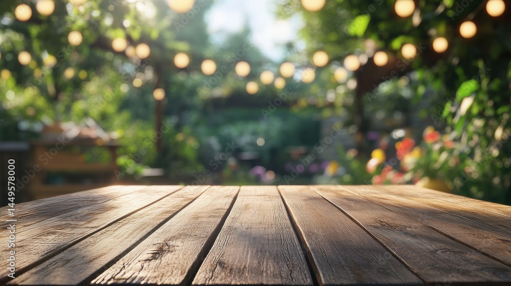 Summer time party in backyard with empty wooden table and blurred background Summer time party in backyard with empty wooden table and blurred background