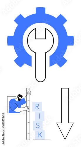 Gear with wrench tool, person measuring blocks labeled RISK, and downward arrow suggesting reduction. Ideal for optimization, safety, analysis, productivity, efficiency, planning simple landing page