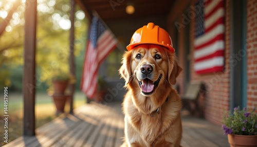 Obraz na płótnie Illustration Labor Day concept. Dog with orange helmet, American flag background. Cute labrador on porch, celebrating US holiday. Construction, engineering, home repair concept. w salonie
