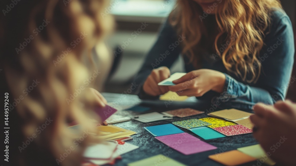 Fototapeta premium Woman engages in speech therapy with a therapist using word cards in a calm and focused environment