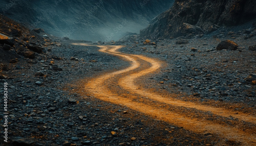Fototapeta premium Resilient Path Forward: Winding Dirt Road Through a Rugged and Misty Landscape.