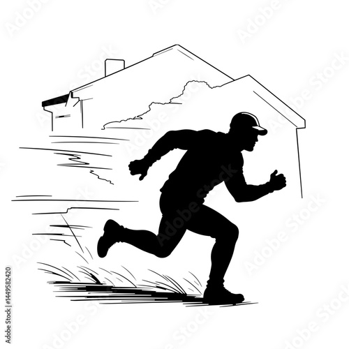Burglar fleeing from house with siren above, crime and urgency
