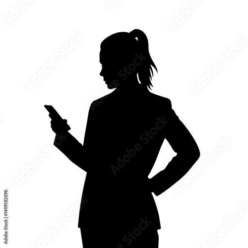 Silhouette of woman looking at phone against white background, technology alert