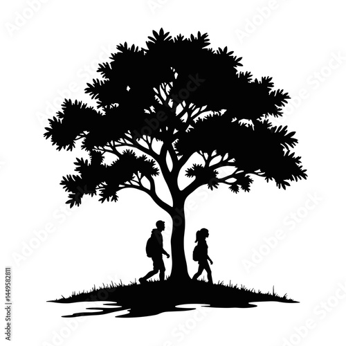 Mindful walk silhouette under tree, symbolizing tranquility