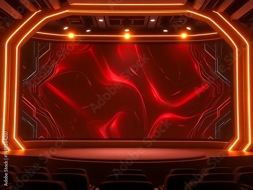 an image of a stage with a red curtain and chairs, there is a stage with a red curtain and chairs in front of it