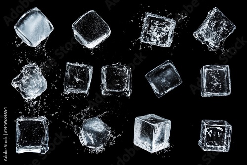 Ice Cubes on Black Background with Splashes of Water for Refreshing Drink Ingredient