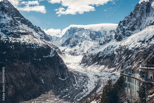 Discover the scenic viewpoint and panoramic views of the Montenvers Mer de Glace and Mont Blanc mountains, and the red train in Chamonix, Haute-Savoie, France.