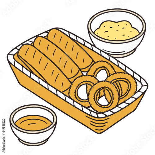 Fried Mozzarella Sticks, Onion Rings & Nuggets Platter with Mustard – Transparent Background. Perfect for: Food festival, casual party, appetizer spread