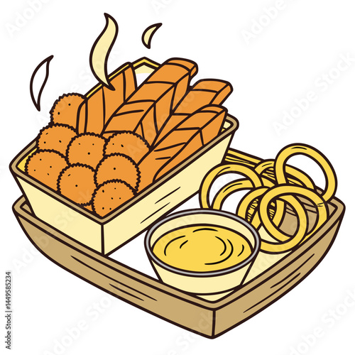 Fried Mozzarella Sticks, Onion Rings & Nuggets Platter with Mustard – Transparent Background. Perfect for: Food festival, casual party, appetizer spread