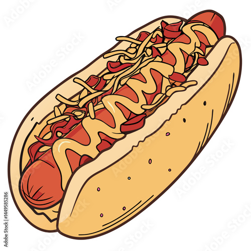 Loaded Hot Dog with Cheese Sauce, Salsa, and Crispy Onion Bits – Transparent Background. Perfect for: Game day, food festival, casual dining