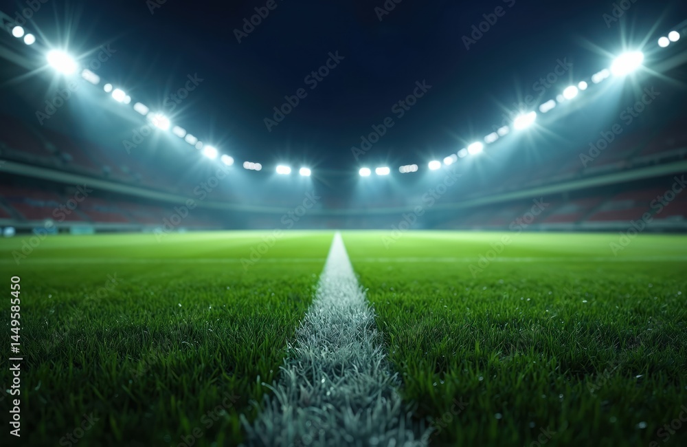Night stadium, green field illuminated bright lights. Empty arena ready for football, soccer, rugby competition. Dramatic atmosphere, sports event background. Wide angle view of pitch. No people.