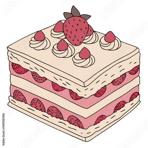 Mini Strawberry Raspberry Mille-Feuille Cake with Soft Pink Layers – Transparent Background. Perfect for: Valentine's Day, afternoon tea, romantic dessert