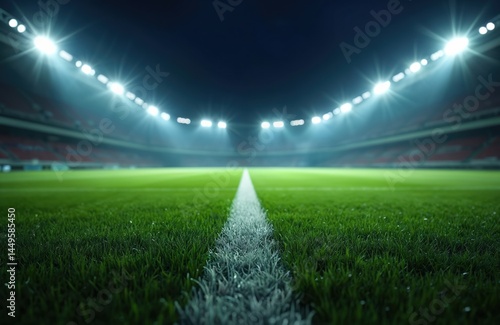 Obraz na płótnie Night stadium, green field illuminated bright lights. Empty arena ready for football, soccer, rugby competition. Dramatic atmosphere, sports event background. Wide angle view of pitch. No people. w salonie