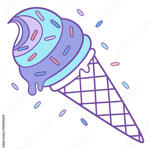 Pastel Gradient Ice Cream Cone in Blue and Purple with Rainbow Sprinkles – Transparent Background. Perfect for: Summer, kids' party, pastel-themed event