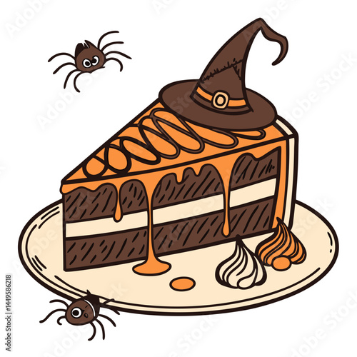 Halloween Chocolate Tart with Dripping Orange Frosting and Witch Decor – Transparent Background. Perfect for: Halloween, spooky dessert table, fall party