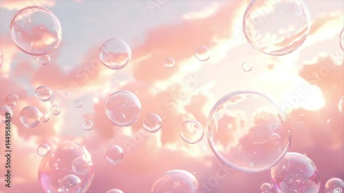 Floating soap bubbles against a soft pink sunset sky