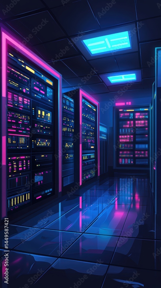 Futuristic Server Room with Neon Lights and Reflective Floor in Dark Blue and Pink Tones Futuristic Server Room with Neon Lights and Reflective Floor in Dark Blue and Pink Tones