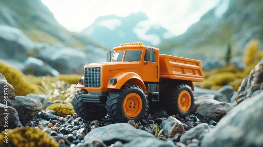 Orange toy truck on a rocky terrain with a mountain backdrop and clear sky Orange toy truck on a rocky terrain with a mountain backdrop and clear sky