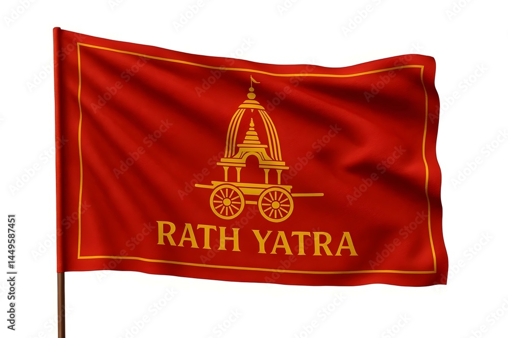 A red flag featuring the words RATH YATRA and an illustration of a chariot with a temple structure. Concept Rath Yatra Celebration, Chariot Illustration, Cultural Festival, Religious Significance