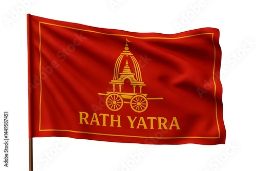 Obraz na płótnie A red flag featuring the words RATH YATRA and an illustration of a chariot with a temple structure. Concept Rath Yatra Celebration, Chariot Illustration, Cultural Festival, Religious Significance w salonie