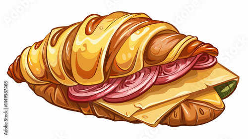 A rich, buttery croissant filled with savory layers.
Cheese oozing through folds of cured ham.
Presented cleanly on a white background.
Perfect for elegant food packaging designs.