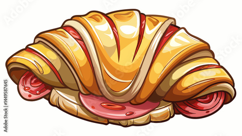 A rich, buttery croissant filled with savory layers.
Cheese oozing through folds of cured ham.
Presented cleanly on a white background.
Perfect for elegant food packaging designs.