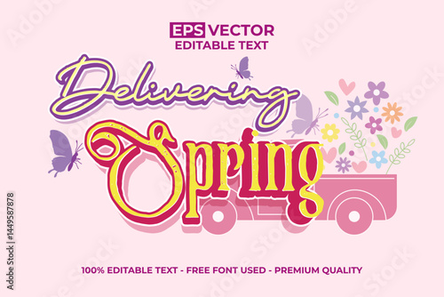 Delivering Spring Editable Text Effect with a Vehicle Loaded with Flowers and Butterflies in Pink Theme