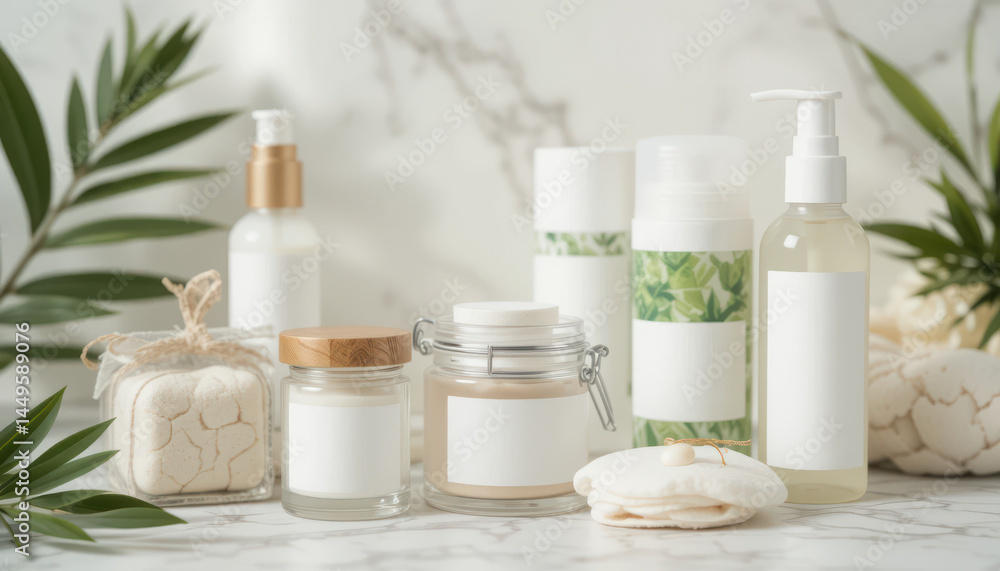 Natural and Minimalist Beauty Product Arrangement on a Marble Surface with Greenery and Spa Essentials Natural and Minimalist Beauty Product Arrangement on a Marble Surface with Greenery and Spa Essentials