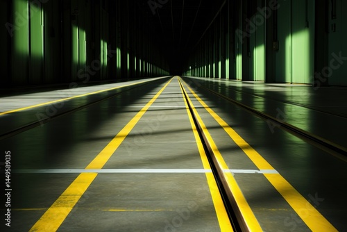Wallpaper Mural Sunlit industrial corridor with vibrant yellow lines, showing a mesmerizing vanishing point, bathed in green shadows from tall structures on both sides. Torontodigital.ca
