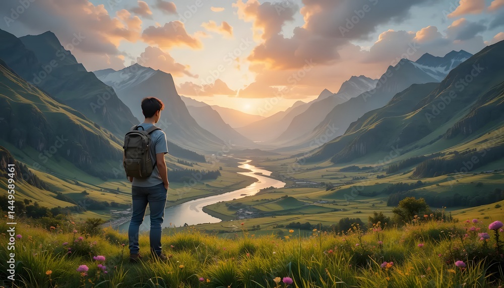 Fototapeta premium Adventurous Man Contemplating a Mountain Valley at Sunset