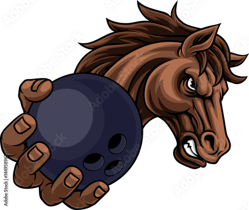 Horse mustang bronco stallion angry bowling sports team mascot holding a ball.