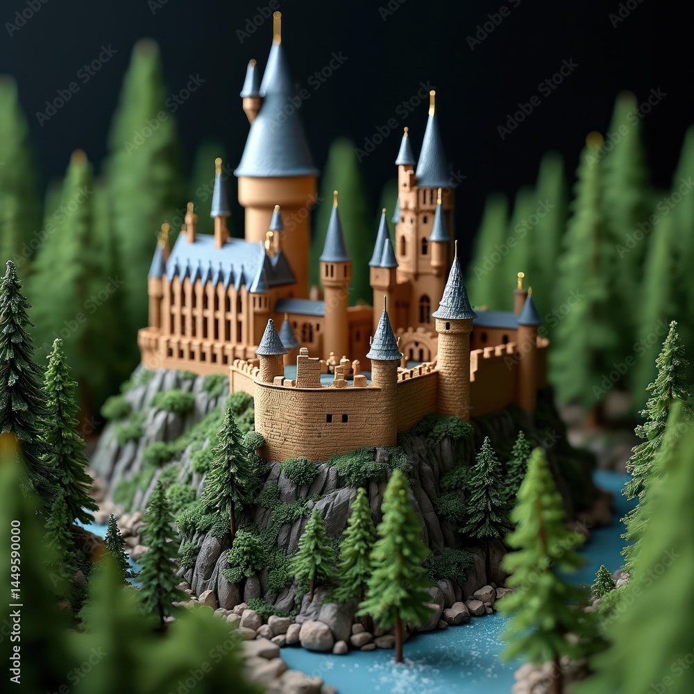 Detailed miniature castle model set in green trees. Dramatic lighting enhances gothic architecture with precise detailing. Stone castle sits atop rocky terrain overlooking river, creating fantasy