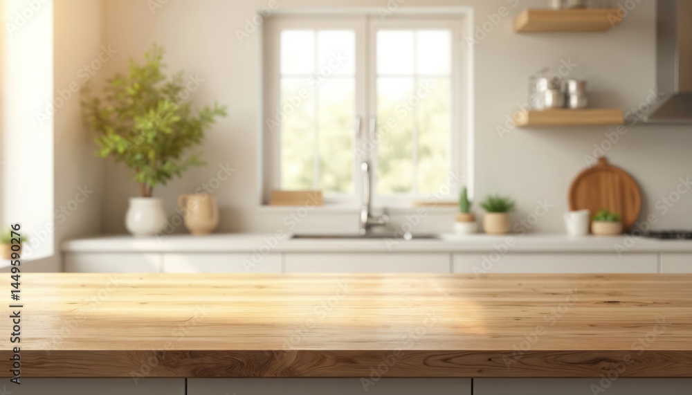 Empty wood table top in modern kitchen interior. Blurred background includes window, plants, shelves. Ready for product montage, advertising. Clean, bright design, bokeh effect. Stylish kitchen