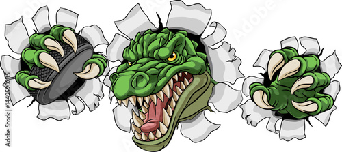 A crocodile, dinosaur or alligator lizard hockey sports mascot