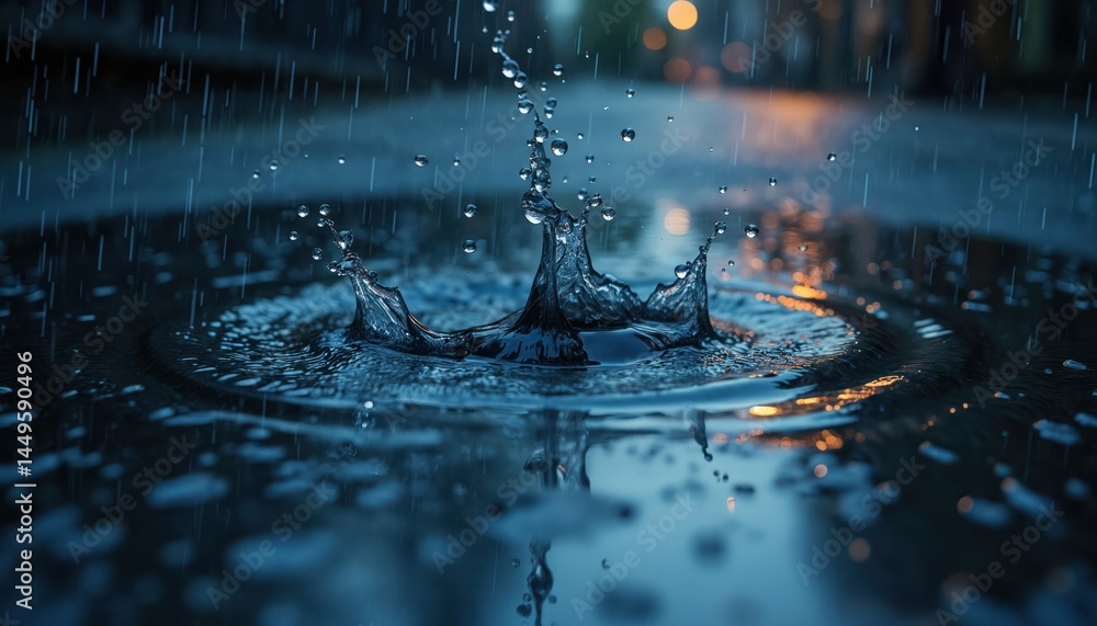 Raindrop splash water surface. Dark moody scene of raindrops, ripples in puddle. Horizontal photo of wet, textured water, abstract bubble, spray. Concept refreshing, purity, falling, storm, shower,