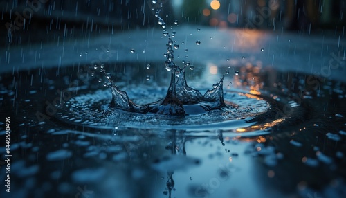 Obraz na płótnie Raindrop splash water surface. Dark moody scene of raindrops, ripples in puddle. Horizontal photo of wet, textured water, abstract bubble, spray. Concept refreshing, purity, falling, storm, shower, w salonie
