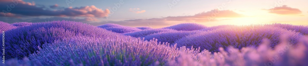 Fototapeta premium Lavender field sunset, scenic landscape. Peaceful nature background for travel brochure