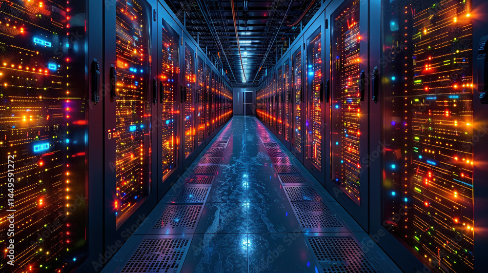 Fototapeta premium Futuristic Network Nexus: Vibrant Array of Data Servers and Colorful Wires