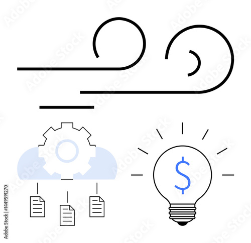 Abstract wind lines, light bulb with dollar symbol, gear above data sheets in cloud. Ideal for innovation, finance, technology, cloud storage, data organization, automation creative problem-solving