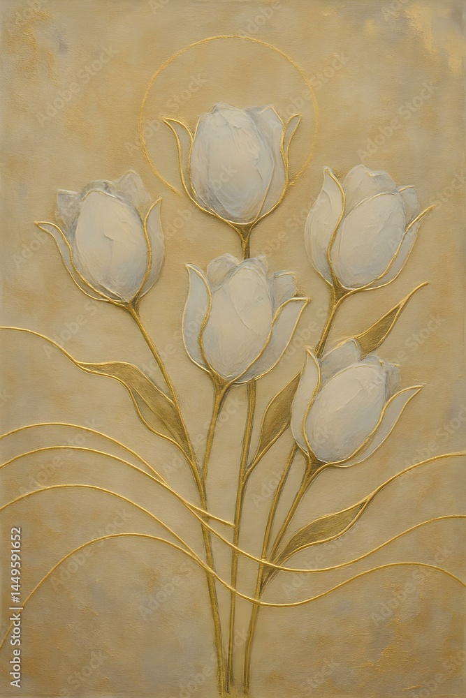 A textured artwork featuring five white tulips with gold accents against a soft, golden background. Concept Textured Artwork, White Tulips, Gold Accents, Soft Background, Floral Elegance