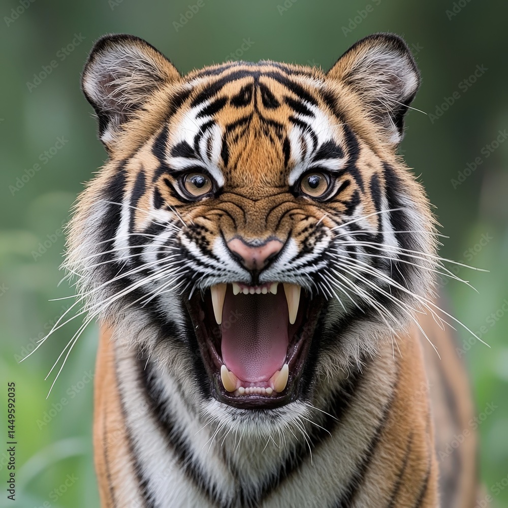 Fototapeta premium Majestic tiger stalking through the lush green jungle environment captured in stunning detail